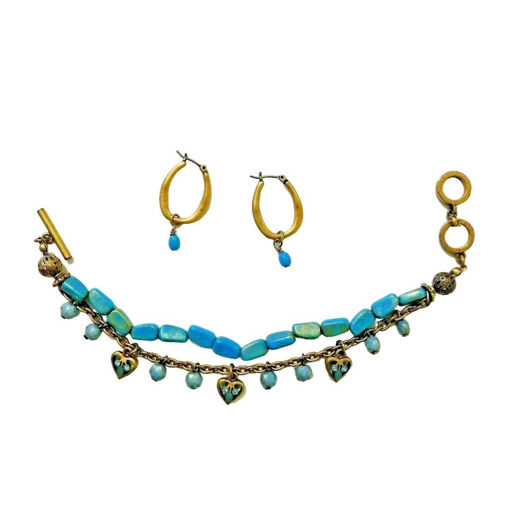 Premier Designs Never Ending Bracelet Mesa Pierced Earrings Matte Gold Blue - Picture 1 of 7